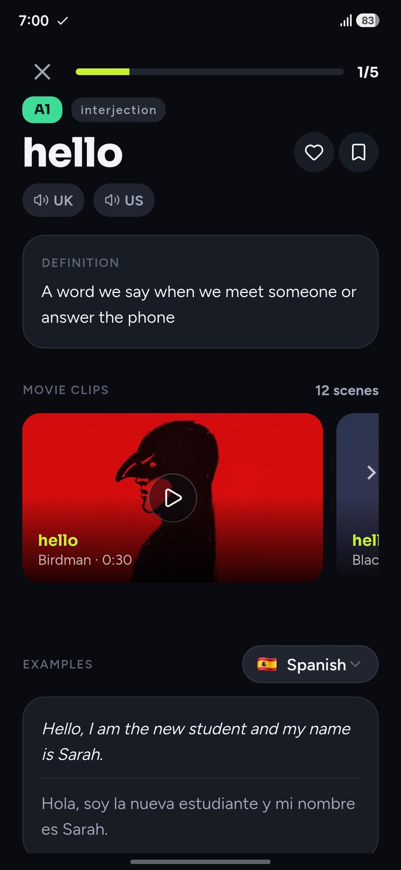The word “hello” in the app: its definition, UK and US pronunciation, a row of movie clips, and a Spanish example translation