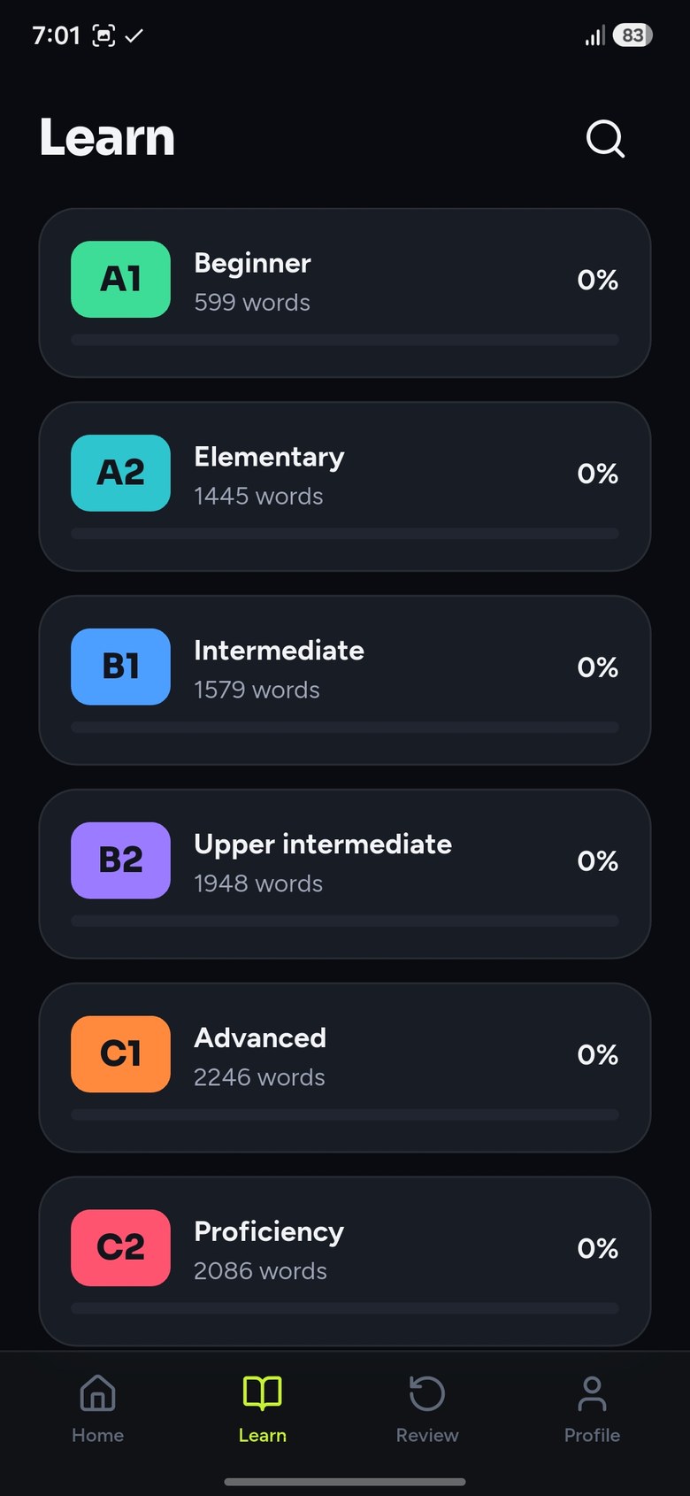 The Learn screen: CEFR levels A1 to C2, each with its word count and progress