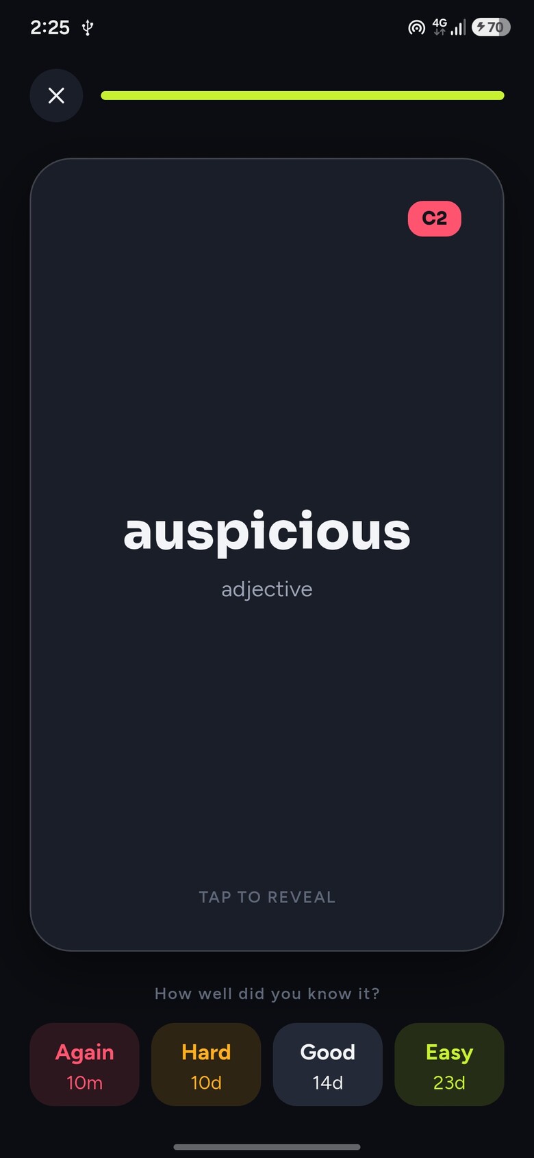A spaced-repetition flashcard for the word “auspicious”
